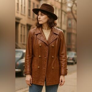 Leather Vintage brown lined coat size S/M